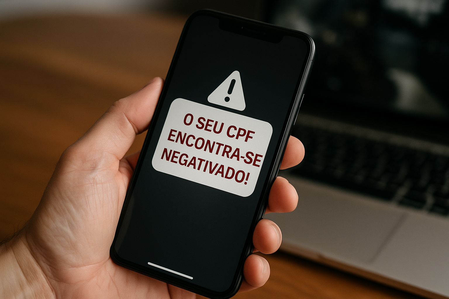 Pessoa segura smartphone exibindo alerta de CPF negativado, ilustrando golpe financeiro com mensagens falsas de cobrança e nome sujo.