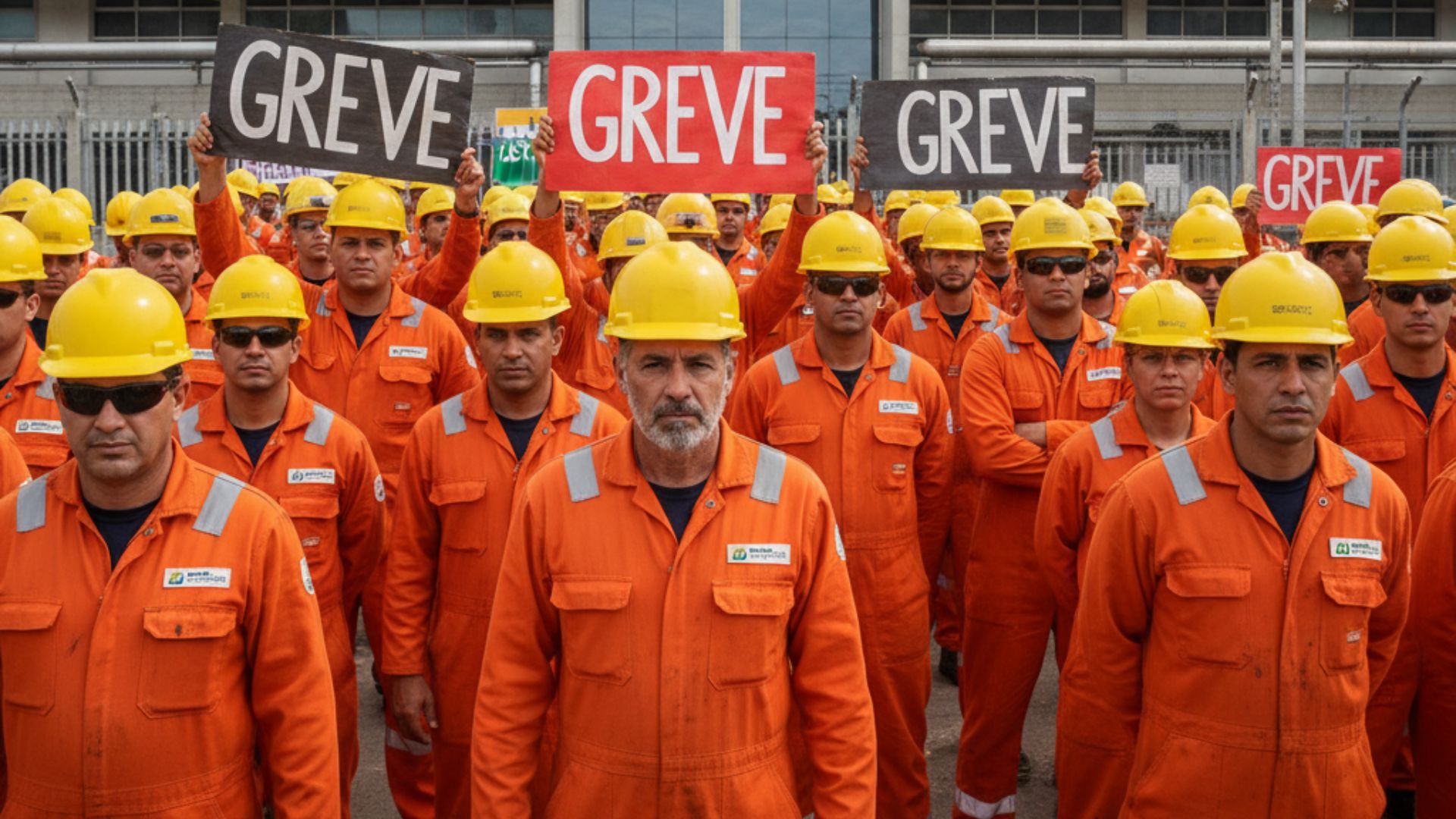 "Petroleiros da Petrobras em uniforme laranja e capacetes amarelos protestam em greve segurando placas diante de unidade operacional da empresa.