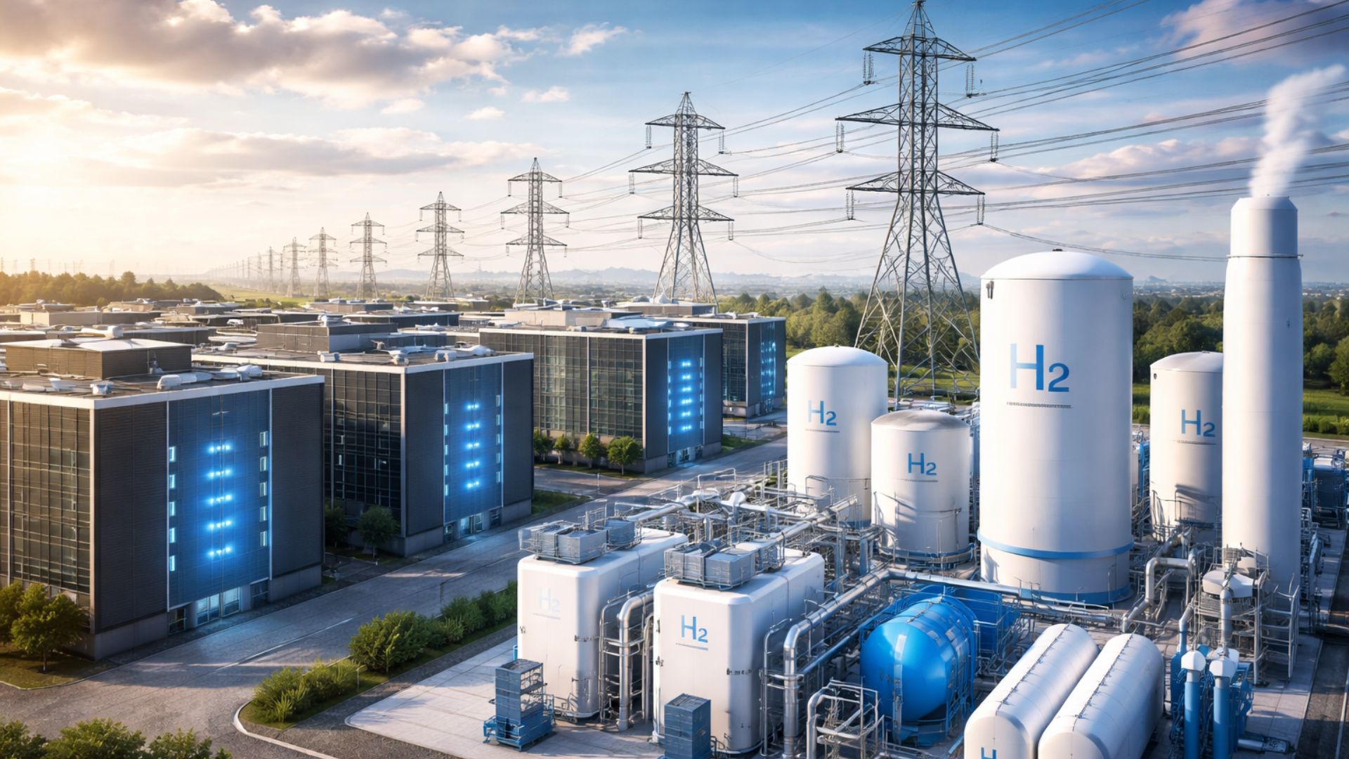 Complexo industrial com data centers ao lado de usinas de hidrogênio e linhas de transmissão de energia elétrica em operação integrada