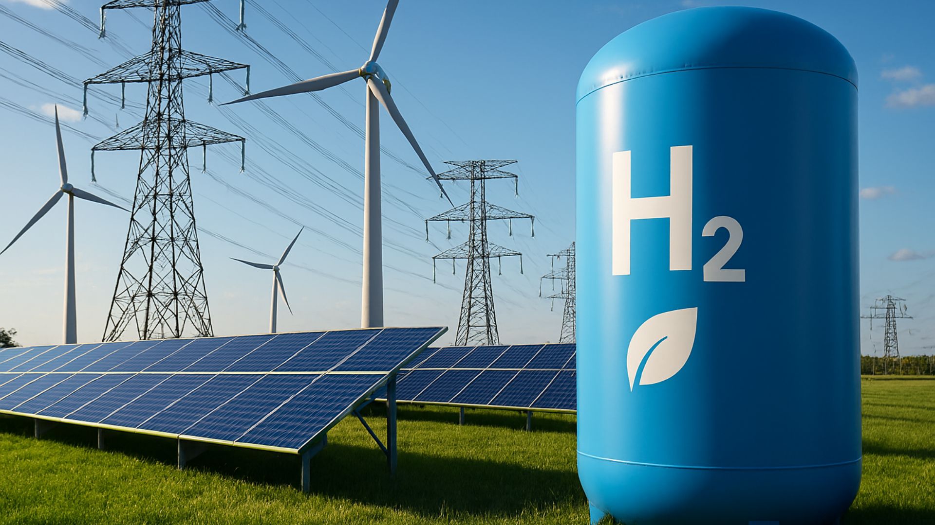 Rede de transmissão elétrica interligando turbinas eólicas, painéis solares e tanque de hidrogênio verde em um campo aberto sob céu azul.