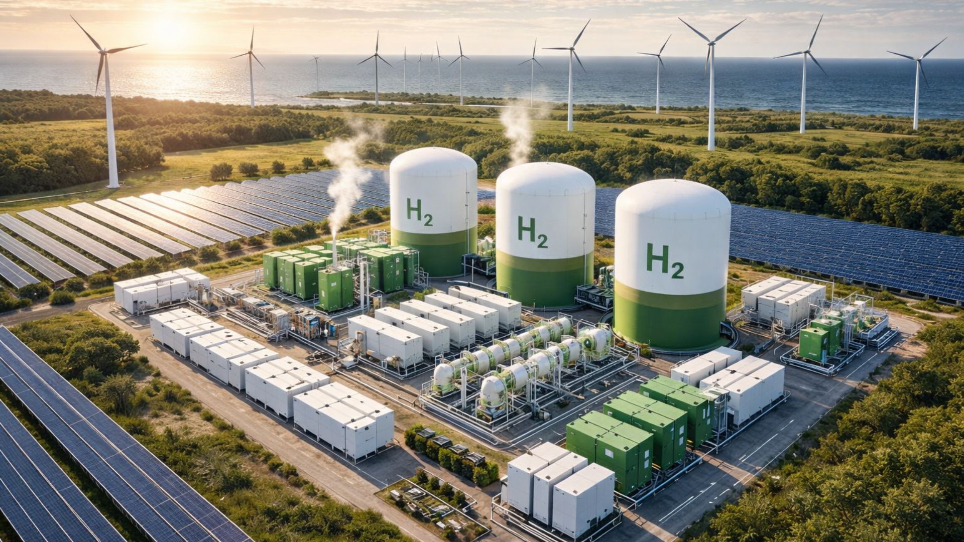 Vista aérea de uma usina de hidrogênio verde integrada a painéis solares e aerogeradores, com tanques de armazenamento H2 em área industrial sustentável no Rio Grande do Norte.