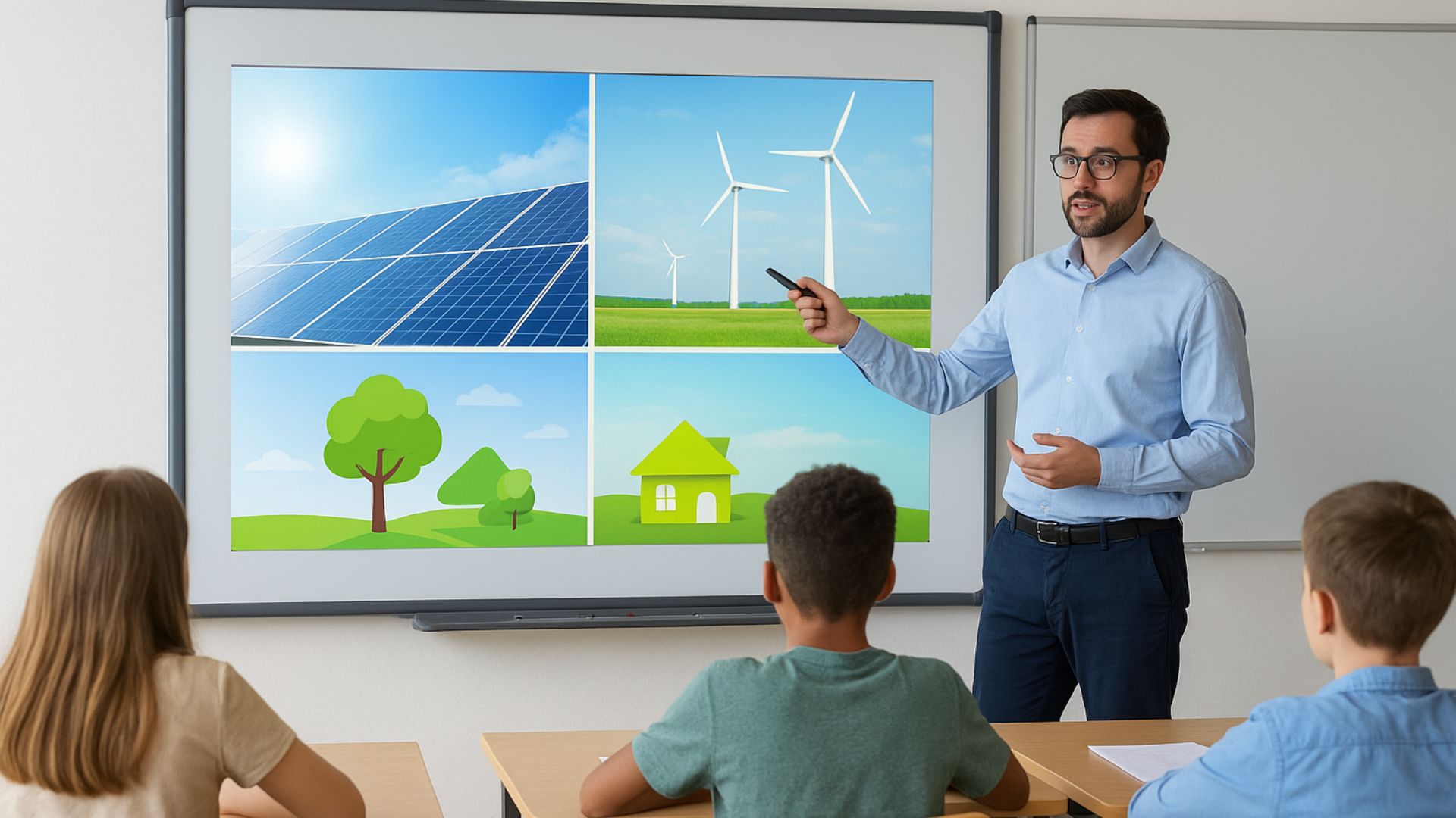 Professor apresenta conteúdos sobre energias renováveis em um projetor moderno para alunos adolescentes em sala de aula branca.