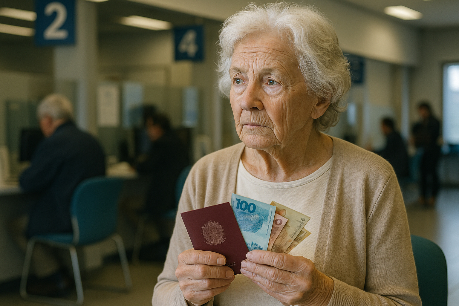 Aposentada segurada do INSS em agência bancária segura documentos e dinheiro enquanto aguarda pagamento do benefício previdenciário