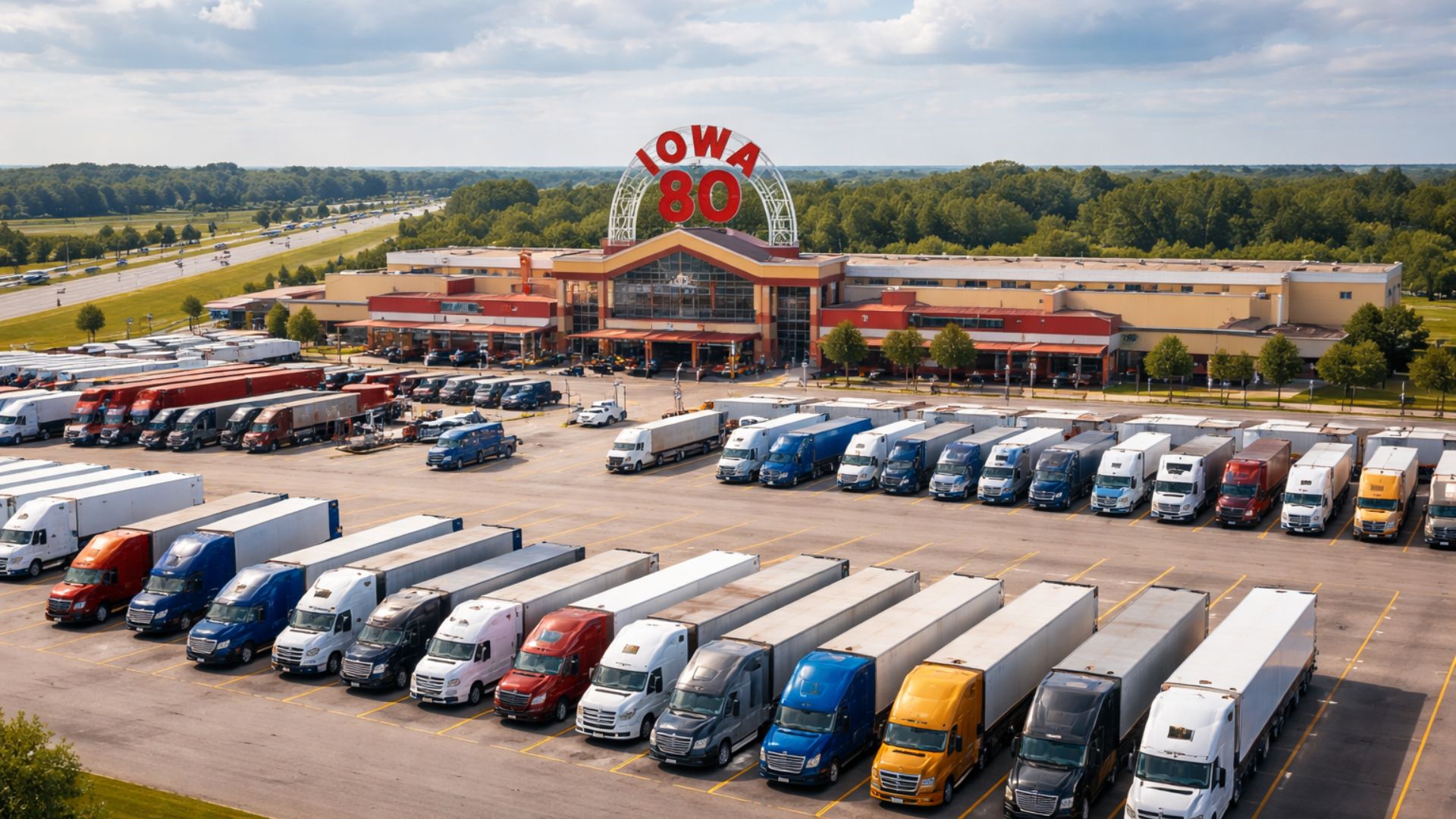 Maior posto de caminhões do mundo fica em Iowa, tem 900 vagas, cinema, dentista, museu com caminhões antigos e serve 350 mil refeições por ano.