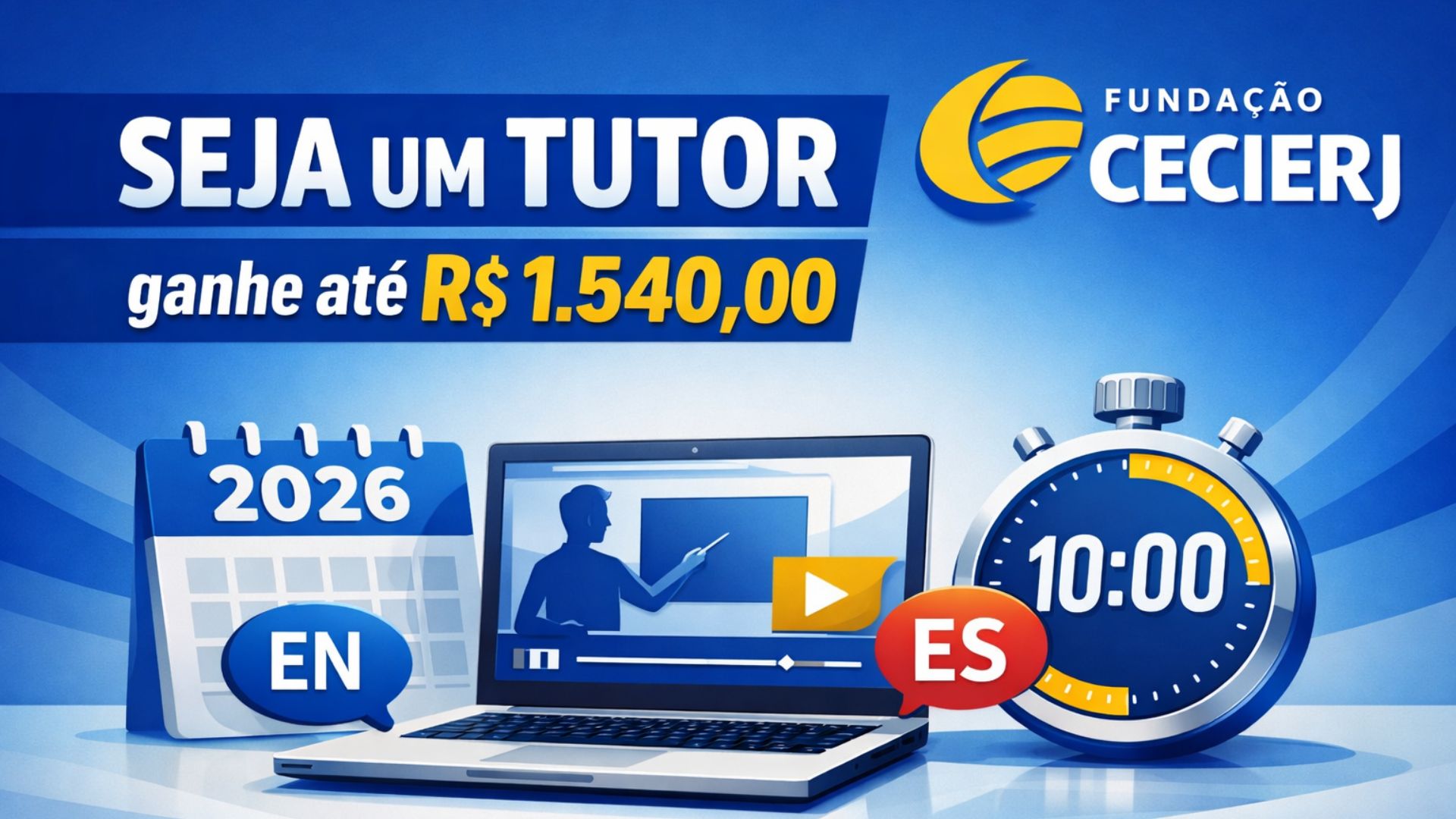 CECIERJ abre edital 2026 para tutores EAD e presenciais no Pré-Vestibular Social, com bolsas até R$ 1.540 e prova didática de 10 minutos.