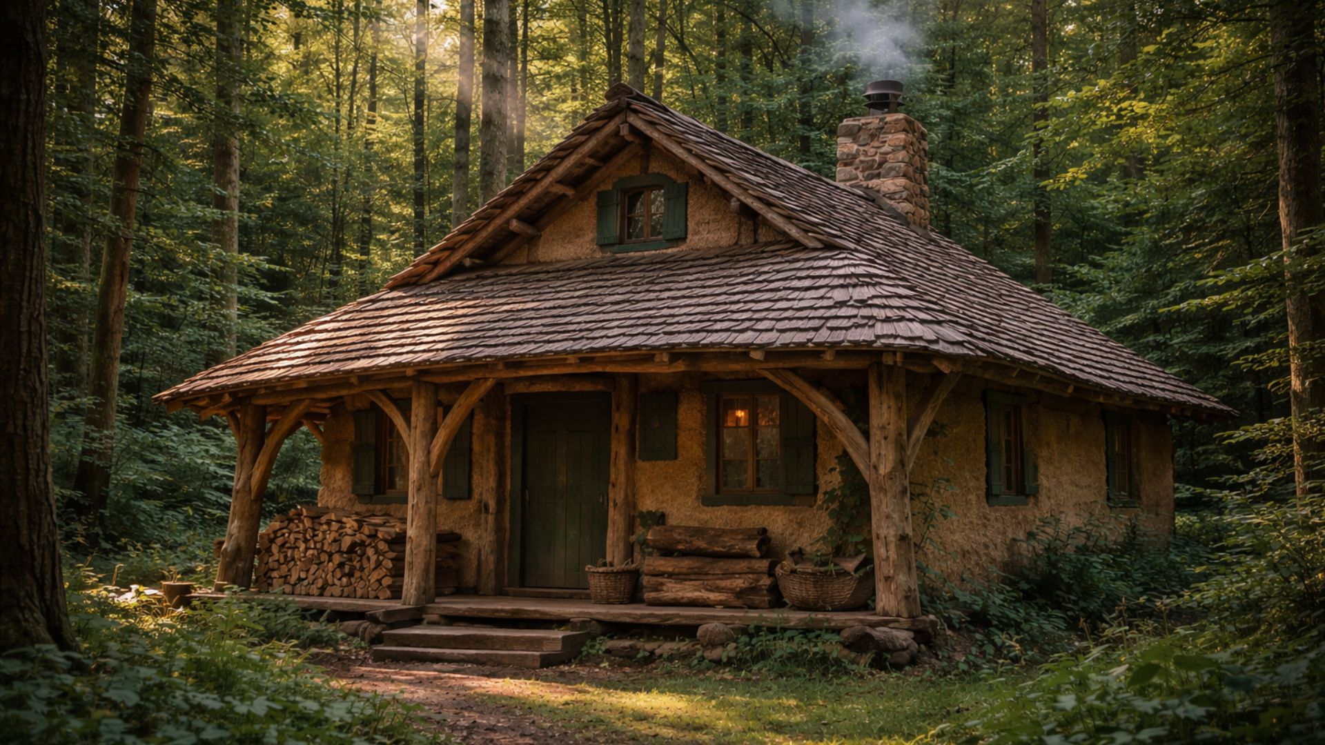 Lenhador constrói casa na floresta com madeira local, palha e reboco de terra, vive fora da rede com energia solar e eólica e ganha destaque no programa Grand Designs.
