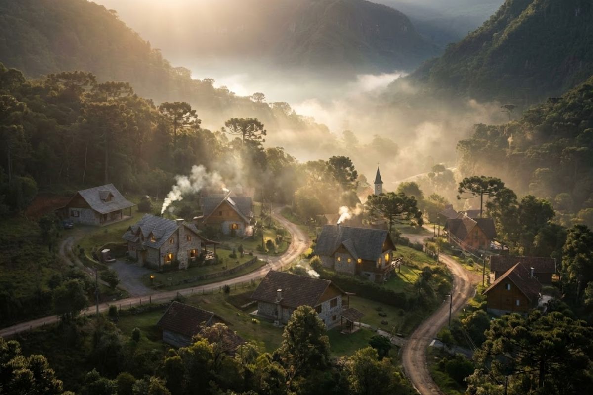 cidade gaúcha Cambará do Sul, a 190 km de Porto Alegre, é base para Aparados da Serra e o Cânion Itaimbezinho, com clima frio, geadas e neve eventual, segundo a reportagem.