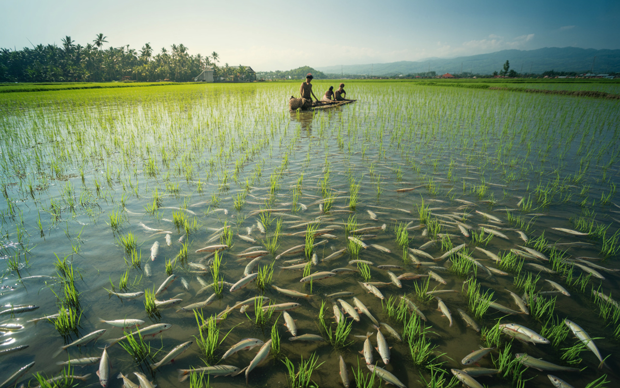 Indonésia usa mais de 5 milhões de peixes em arrozais alagados para controlar pragas, reduzir agrotóxicos, recuperar solos agrícolas e aumentar a produtividade sem químicos