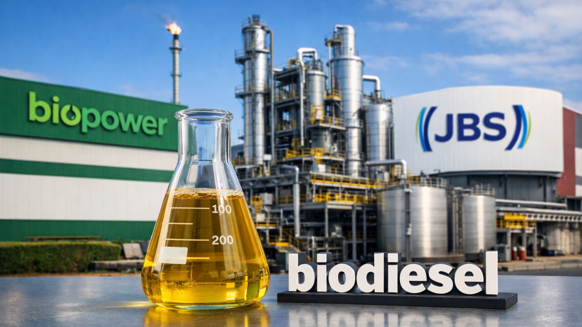 Fábrica de biodiesel da Biopower, da JBS, com frasco de biodiesel em destaque à frente de tanques industriais e estruturas de produção de biocombustível