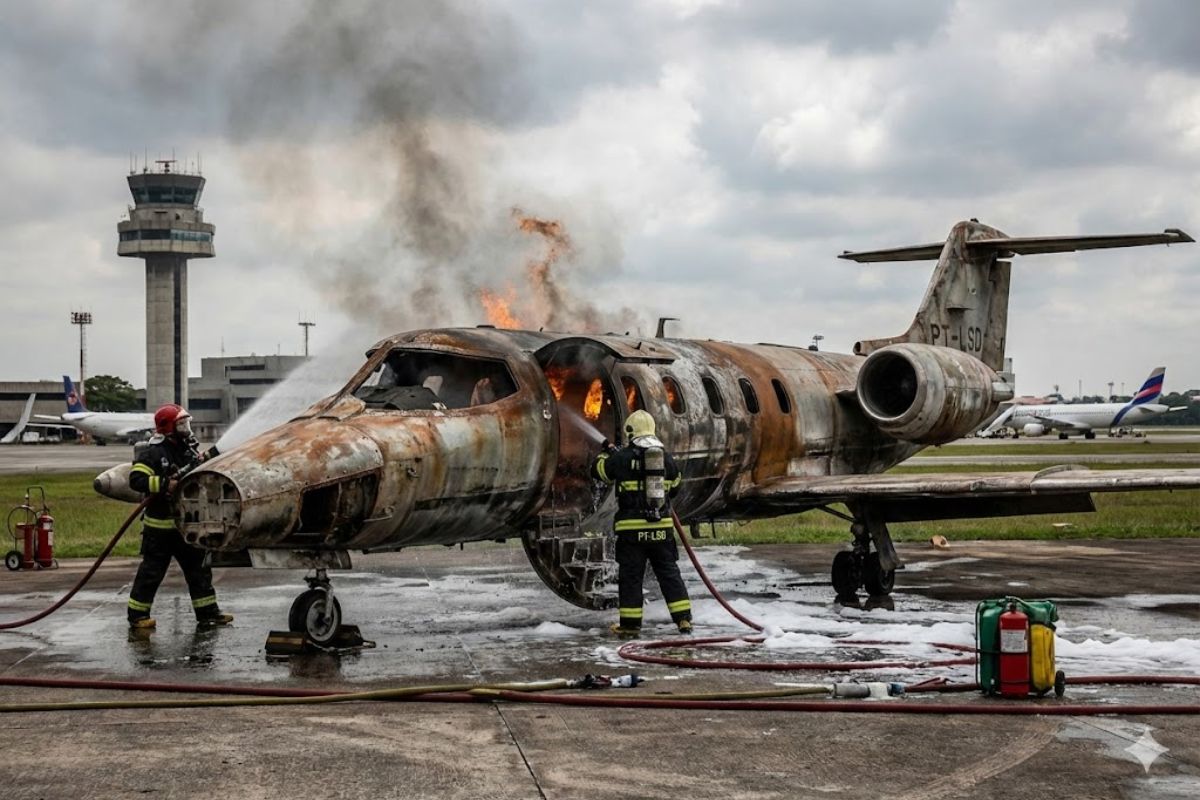 Jatinho que levava Aécio faz pouso de emergência em Guarulhos, vira carcaça em treinamento de bombeiros e expõe falhas e limites da segurança aérea.