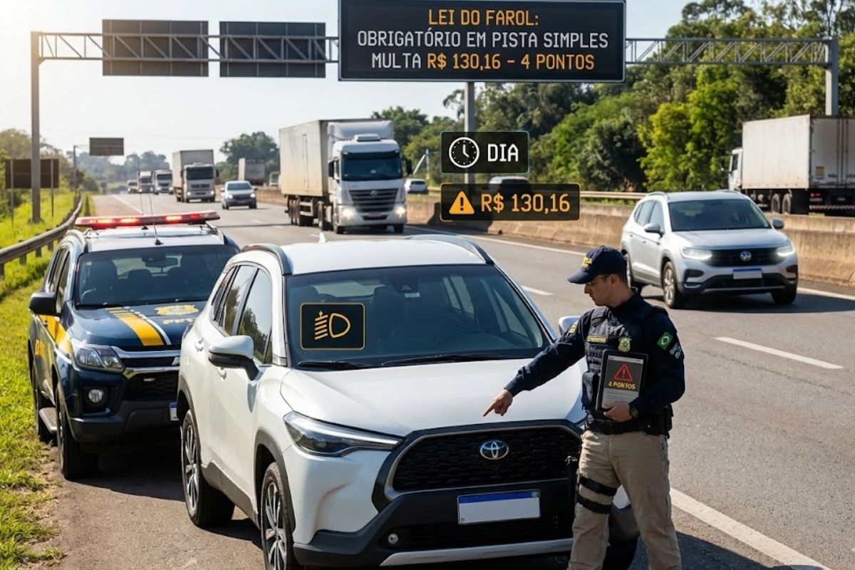 A Lei do Farol obriga farol baixo ou luz diurna DRL em rodovia de pista simples e aplica multa de R$ 130,16 para aumentar a segurança nas estradas.
