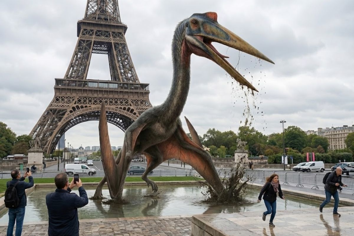 maior animal voador da história Quetzalcoatlus northropi, pterossauro gigante com envergadura de 11 metros caçando em pântanos do Texas e desafiando a física.