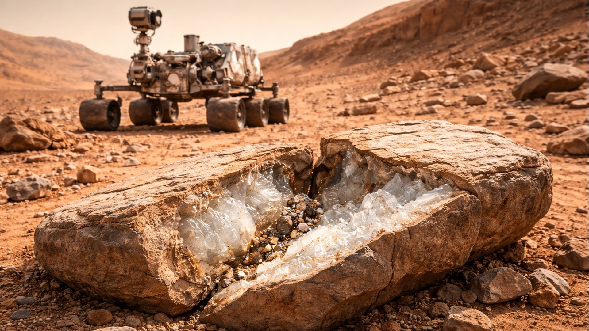 Rover Curiosity acha cristais de enxofre puro em Marte após quebrar rocha no canal Gediz Vallis, intrigando cientistas da NASA.