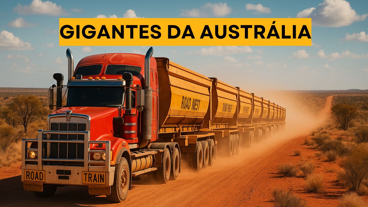 Na Austrália, caminhões de até 53 m e 200 toneladas dominam desertos extremos, substituem vários veículos, cruzam 1000 km sem apoio e viram a espinha dorsal logística