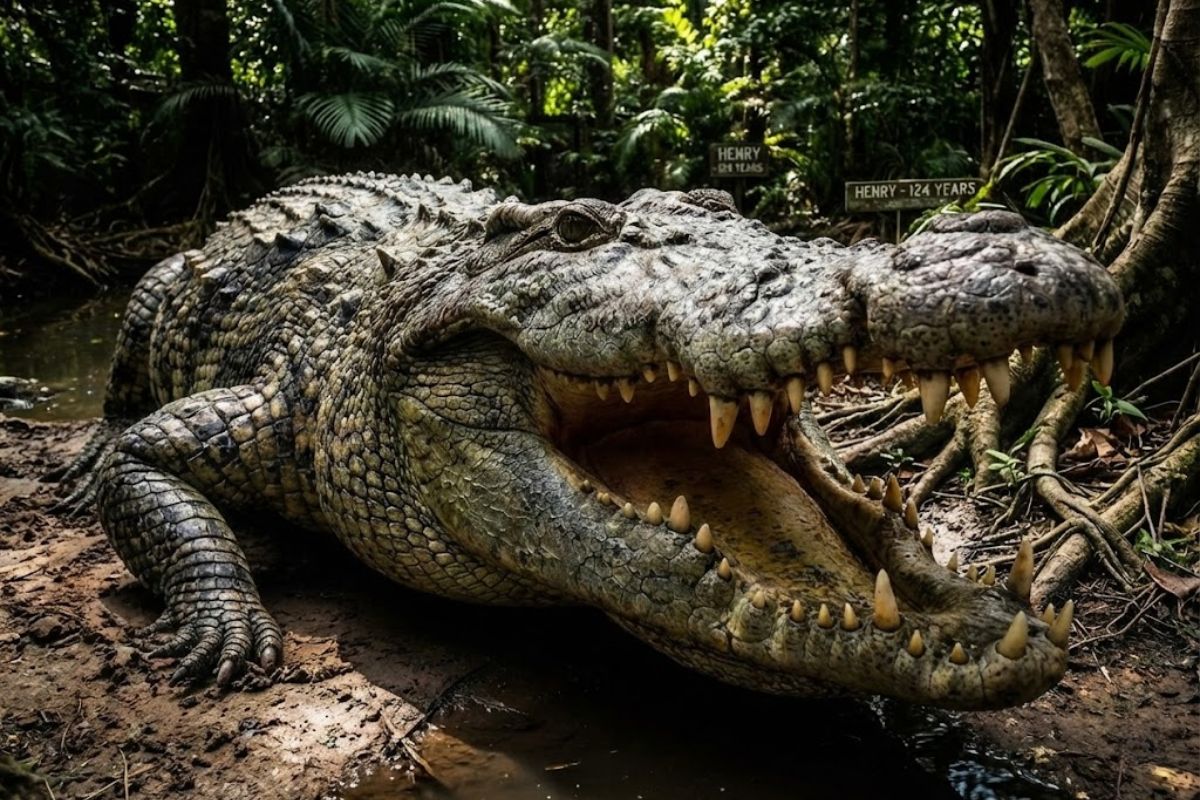 Henry, o crocodilo mais velho do mundo no Crocworld Conservation Centre, é um crocodilo-do-nilo símbolo da longevidade em cativeiro e da imunologia comparada.