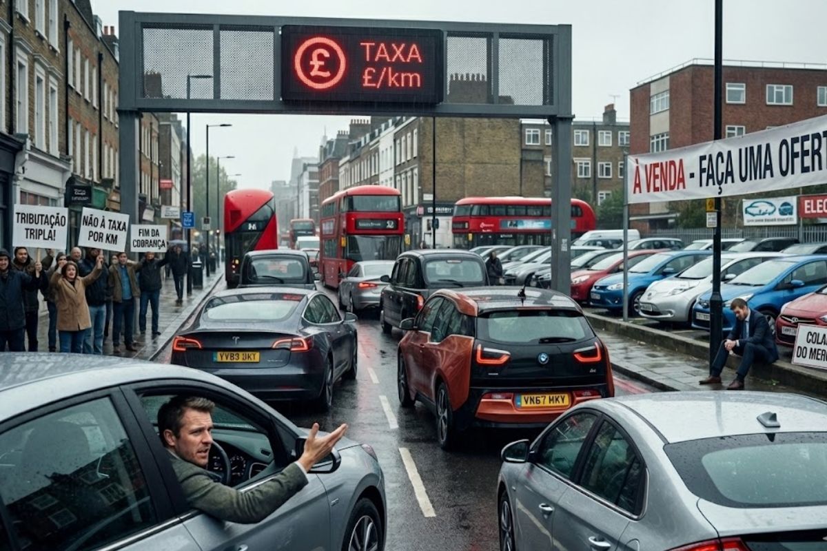 Nova taxa por quilômetro gera tributação tripla nos híbridos plug-in e ameaça os carros elétricos, derrubando o mercado de usados no Reino Unido.