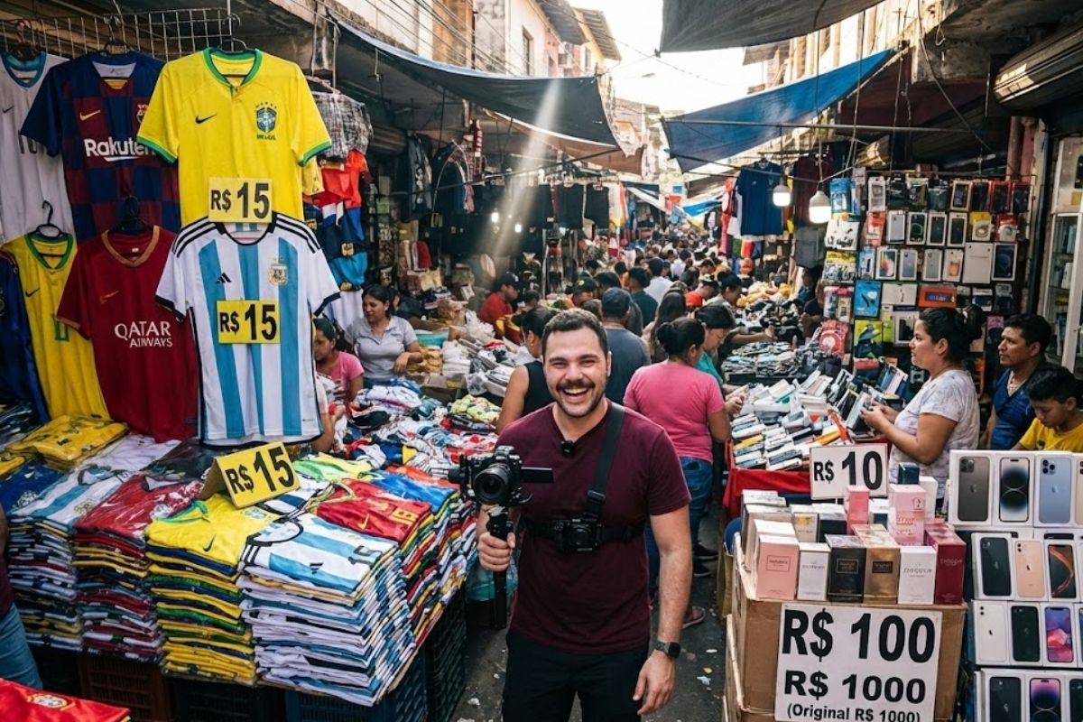 Paraguai real no Mercado 4, paraíso da pirataria com camisas de time baratas e iPhone barato, mostra camelódromo gigante que atrai brasileiros por preços baixos.