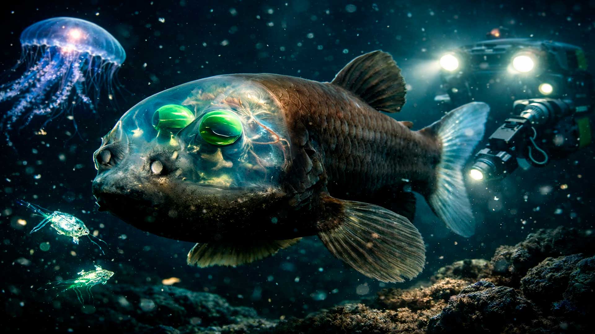 Peixe com cabeça transparente que revela órgãos funcionando em tempo real intriga cientistas, cúpula translúcida e olhos tubulares ajudam a entender a visão em profundidade