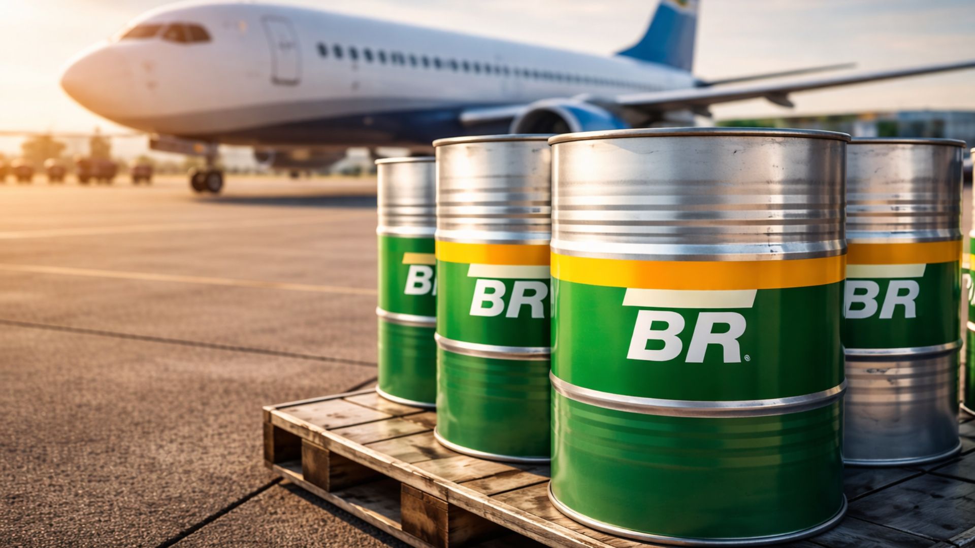 Barris de querosene de aviação com logotipo da Petrobras em primeiro plano e avião comercial ao fundo em aeroporto, representando a redução do preço do QAV anunciada para 2026
