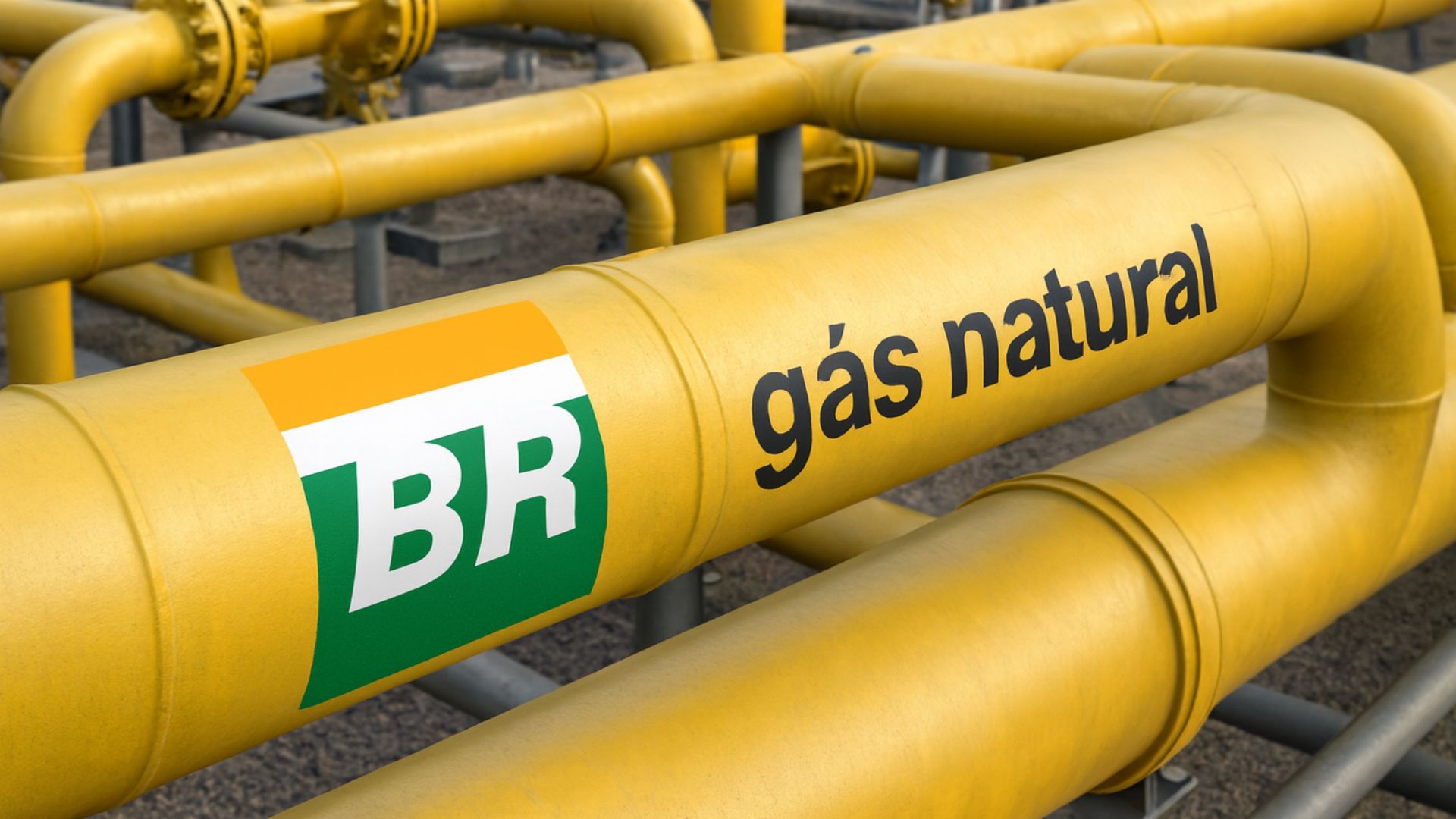 Rede de tubulações de gás natural com o logotipo da Petrobras e a inscrição “gás natural”, representando a infraestrutura da empresa no setor energético.