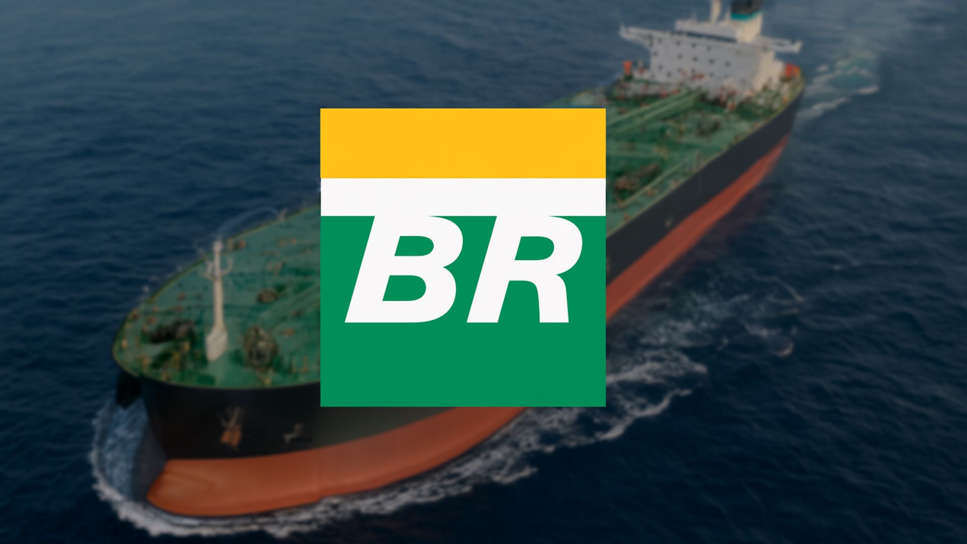 Navio petroleiro da Petrobras visto de cima em alto-mar, com logotipo da empresa em destaque.