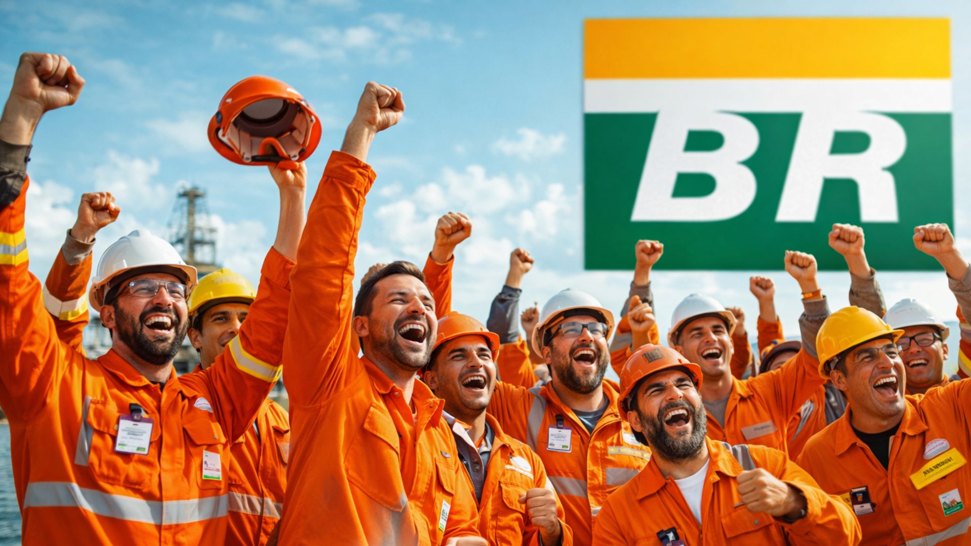 Trabalhadores do setor de petróleo comemoram o fim da greve da Petrobras em área operacional offshore, vestindo macacões de segurança, com o logotipo da empresa ao fundo