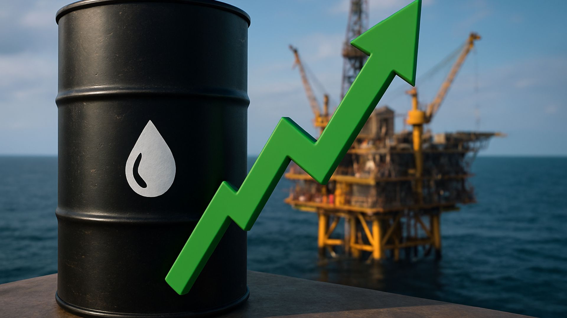 Barril de petróleo com seta verde apontando para cima diante de plataforma offshore, simbolizando aumento da produção e valorização do setor de óleo e gás no Brasil.