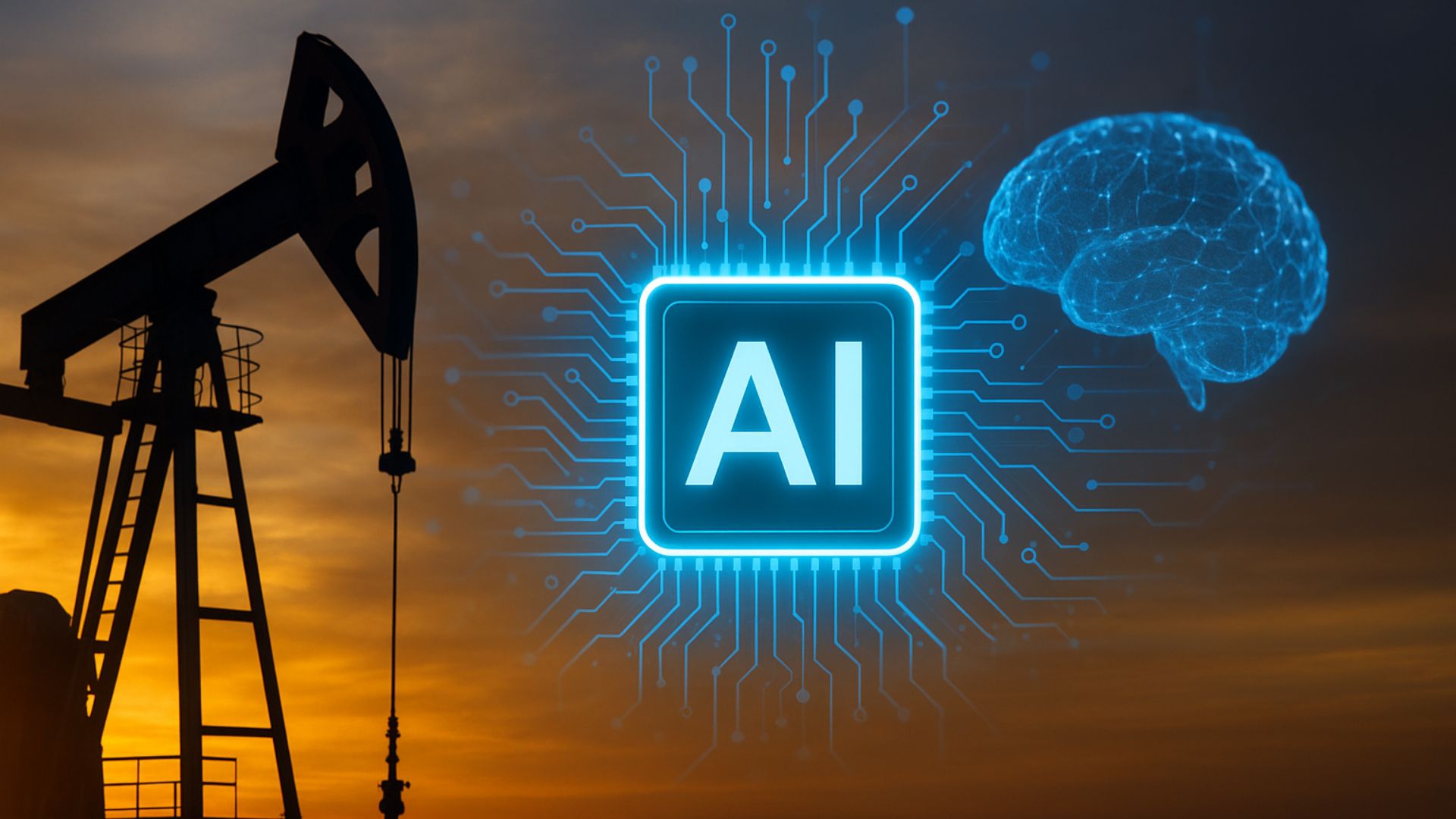 Imagem de uma bomba de extração de petróleo ao pôr do sol, combinada com elementos de Inteligência Artificial representados por um chip luminoso “AI” e um cérebro digital azul.