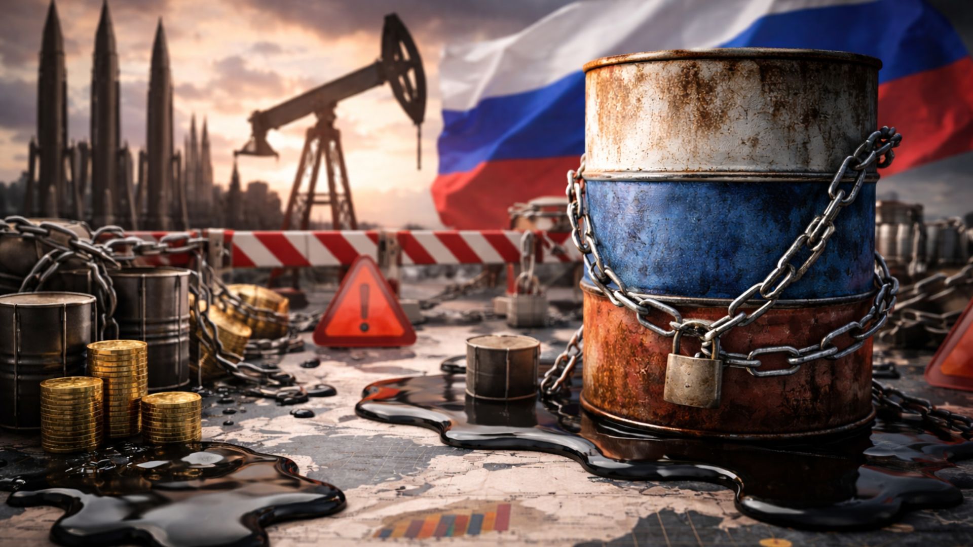 Barril de petróleo com as cores da bandeira da Rússia preso por correntes, simbolizando sanções econômicas da União Europeia e restrições à exportação de petróleo por via marítima