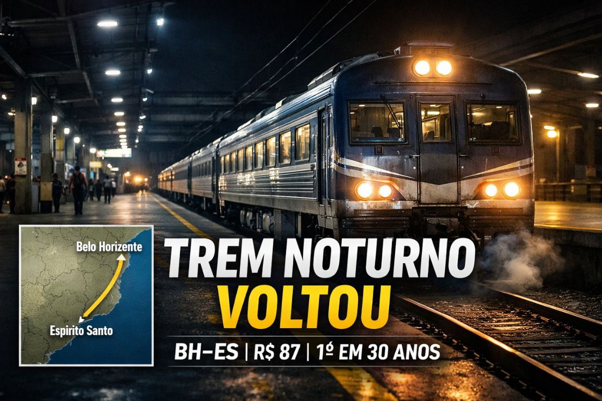 O trem noturno da Vale liga Belo Horizonte a Cariacica, retomando o transporte ferroviário de passageiros com viagens diárias e bilhetes acessíveis.