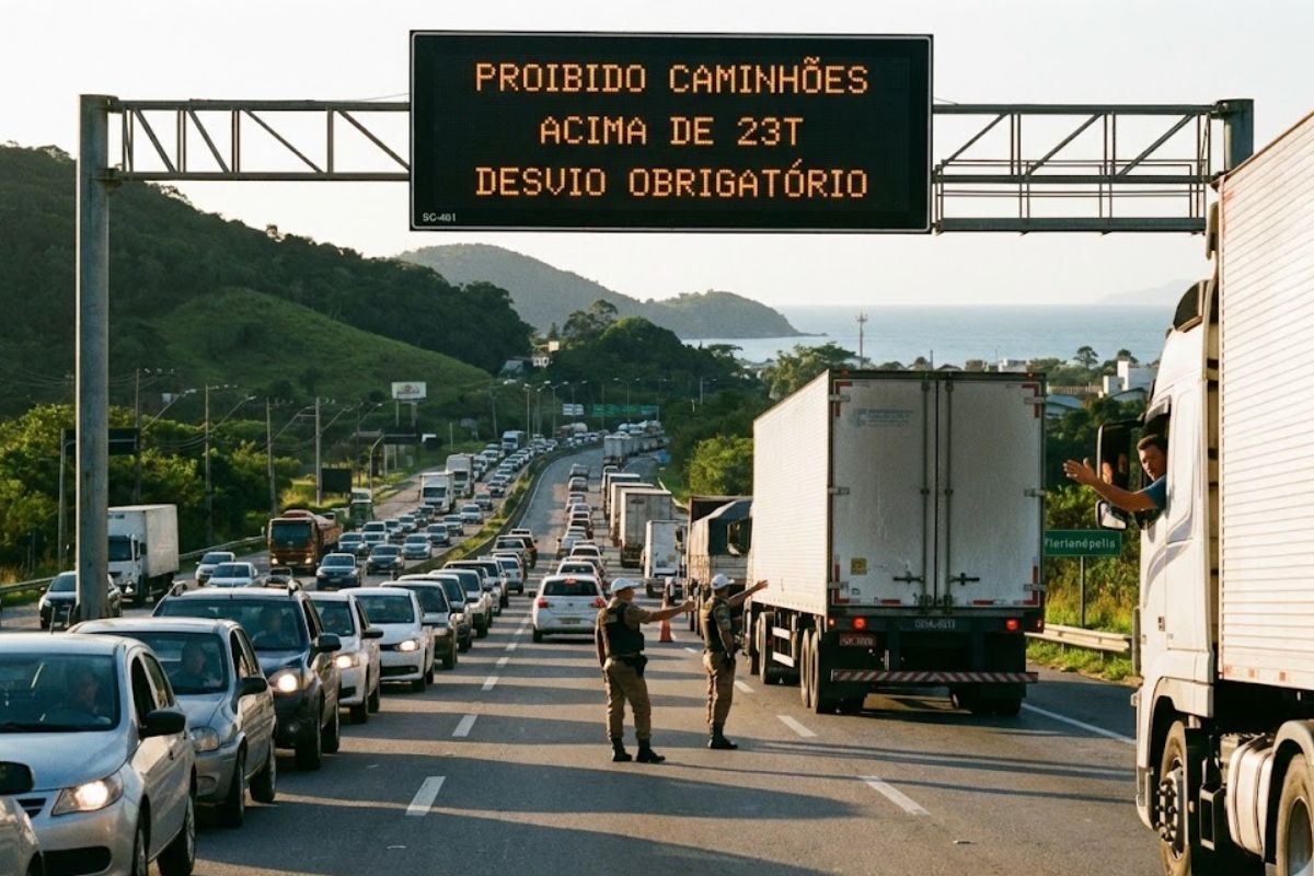 Proibição de caminhões na SC-401 tenta evitar colapso do trânsito na SC-401 rumo ao Norte da Ilha no verão 2026.