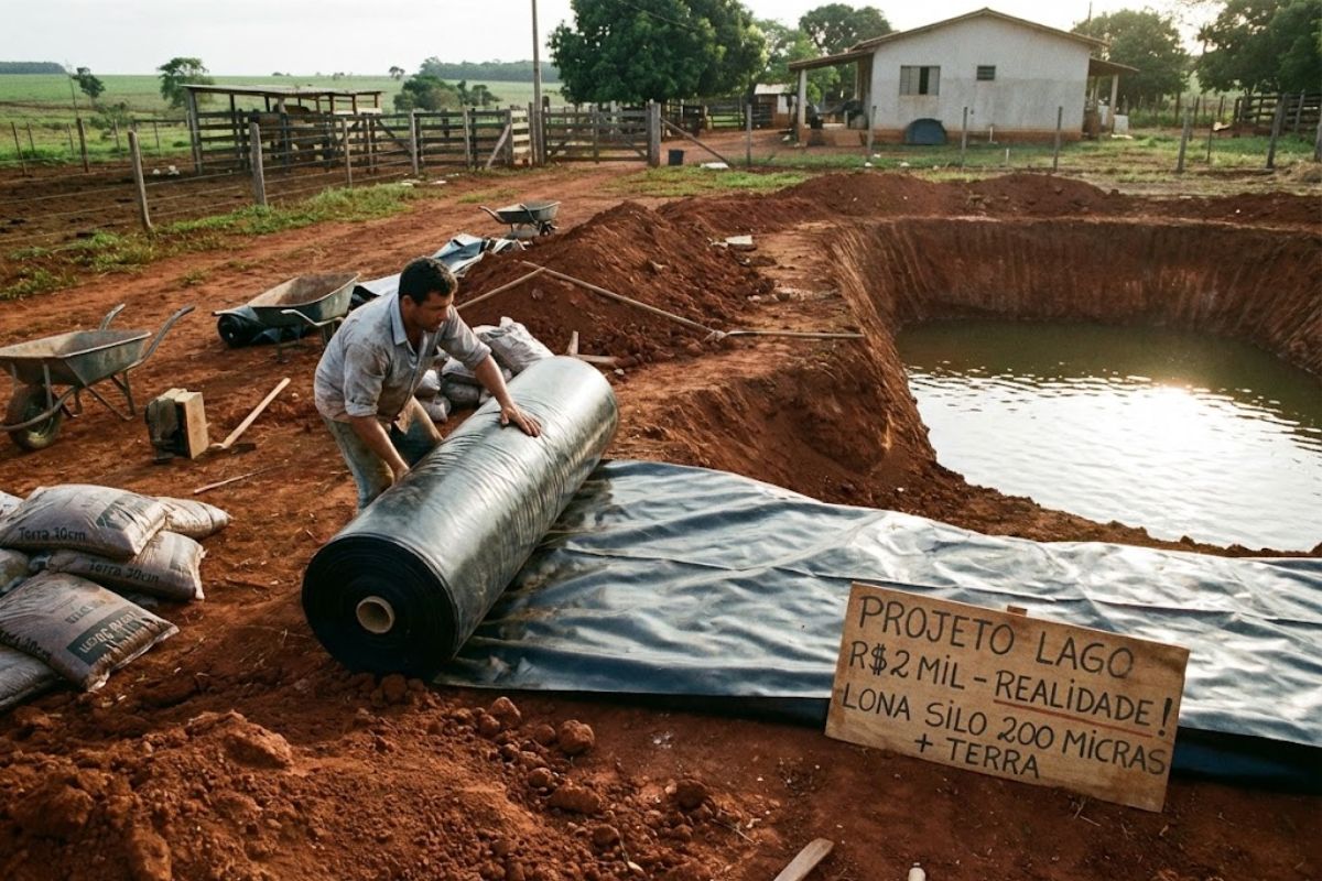 lago feito com lona de silo 200 micras, terra de cobertura e pac carregadeira expõe custo real, riscos de infiltração e os pontos críticos do reservatório no sítio.