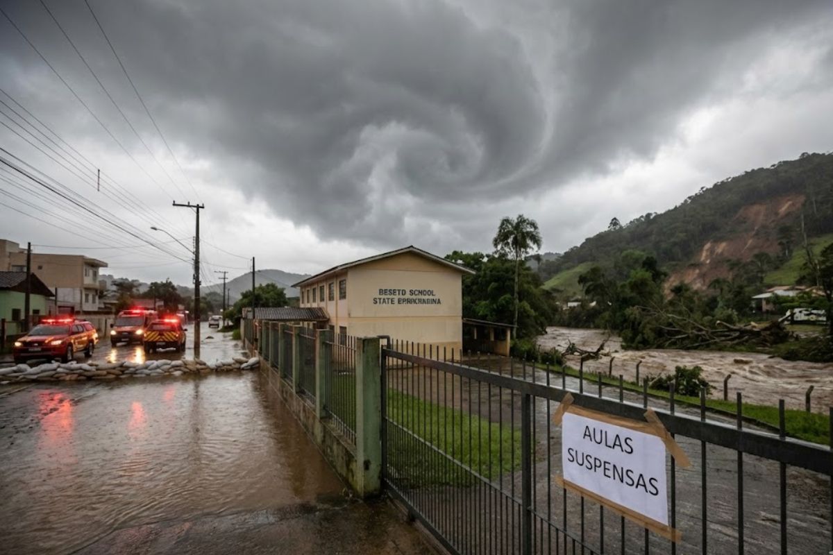 Com ciclone sob alerta vermelho, rede estadual de SC suspende aulas em todas as regiões para proteger alunos diante do risco de enchentes e enxurradas em Santa Catarina.