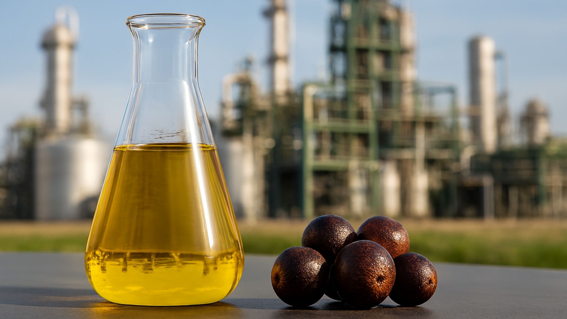 Frasco com biocombustível SAF e frutos de macaúba em primeiro plano, com biorrefinaria desfocada ao fundo.