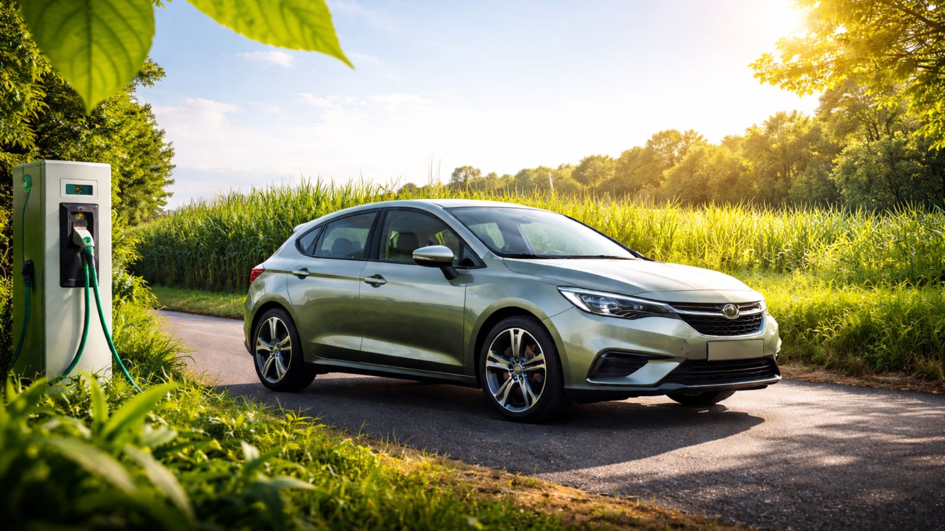 Carro flex em estrada rural cercada por vegetação, com folha em primeiro plano e bomba de etanol, simbolizando mobilidade sustentável e menor pegada de carbono no Brasil.