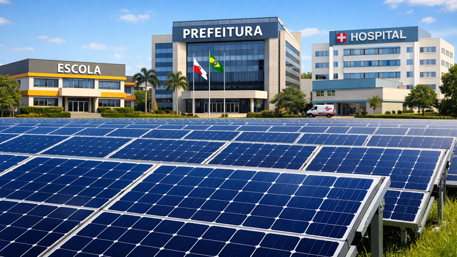 Painéis solares em primeiro plano abastecem prédios públicos de Uberlândia, como escola, hospital e prefeitura, em projeto de energia renovável e sustentabilidade