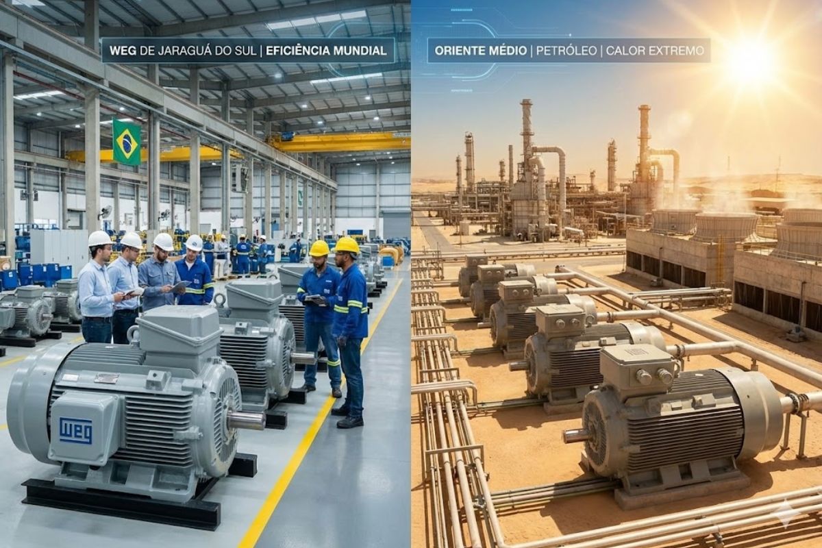 WEG lidera projeto no Oriente Médio com motores elétricos e resfriamento industrial, destaque global em eficiência energética e tecnologia de ponta.