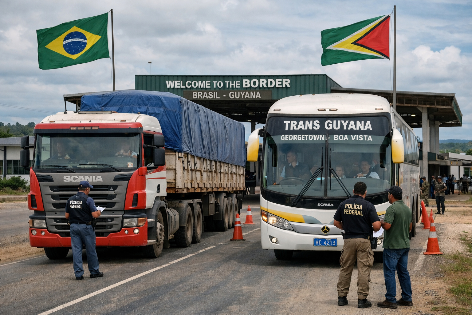 Ônibus e caminhão cruzando a fronteira entre Brasil e Guiana durante processo de regularização do transporte internacional.