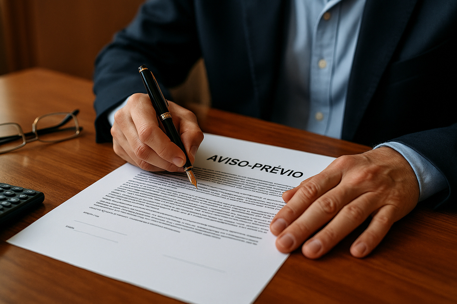 Profissional assinando documento de aviso-prévio sobre mesa de escritório, representando o processo formal de demissão previsto na CLT.