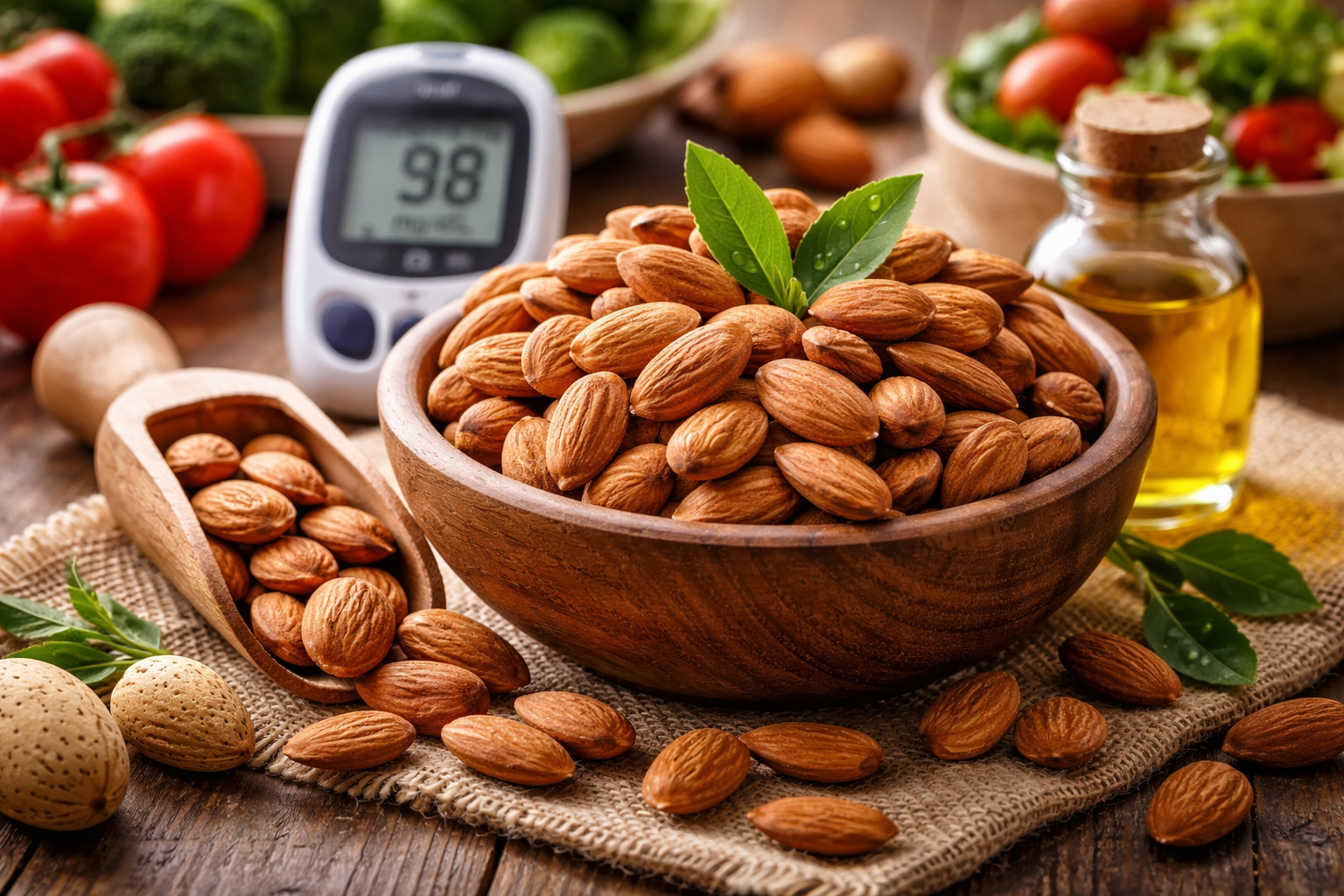 Amêndoas cruas dispostas em recipiente de madeira ao lado de medidor de glicose, ilustrando estudos sobre controle glicêmico e pré-diabetes.