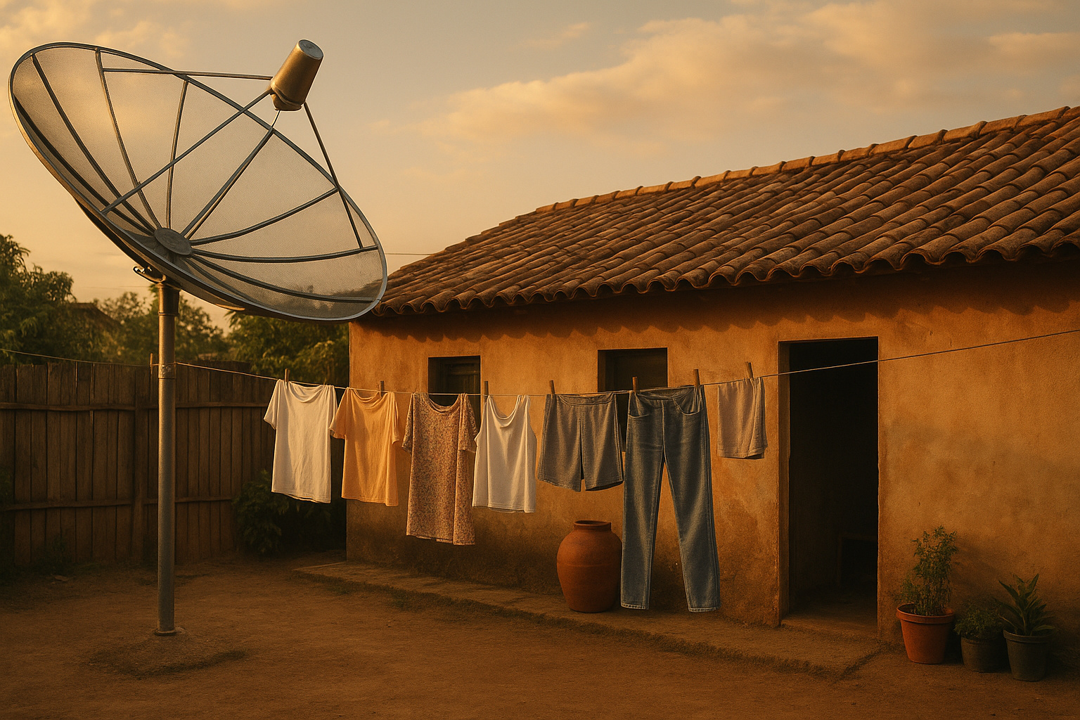 Antena parabólica grande em quintal brasileiro ao entardecer.
