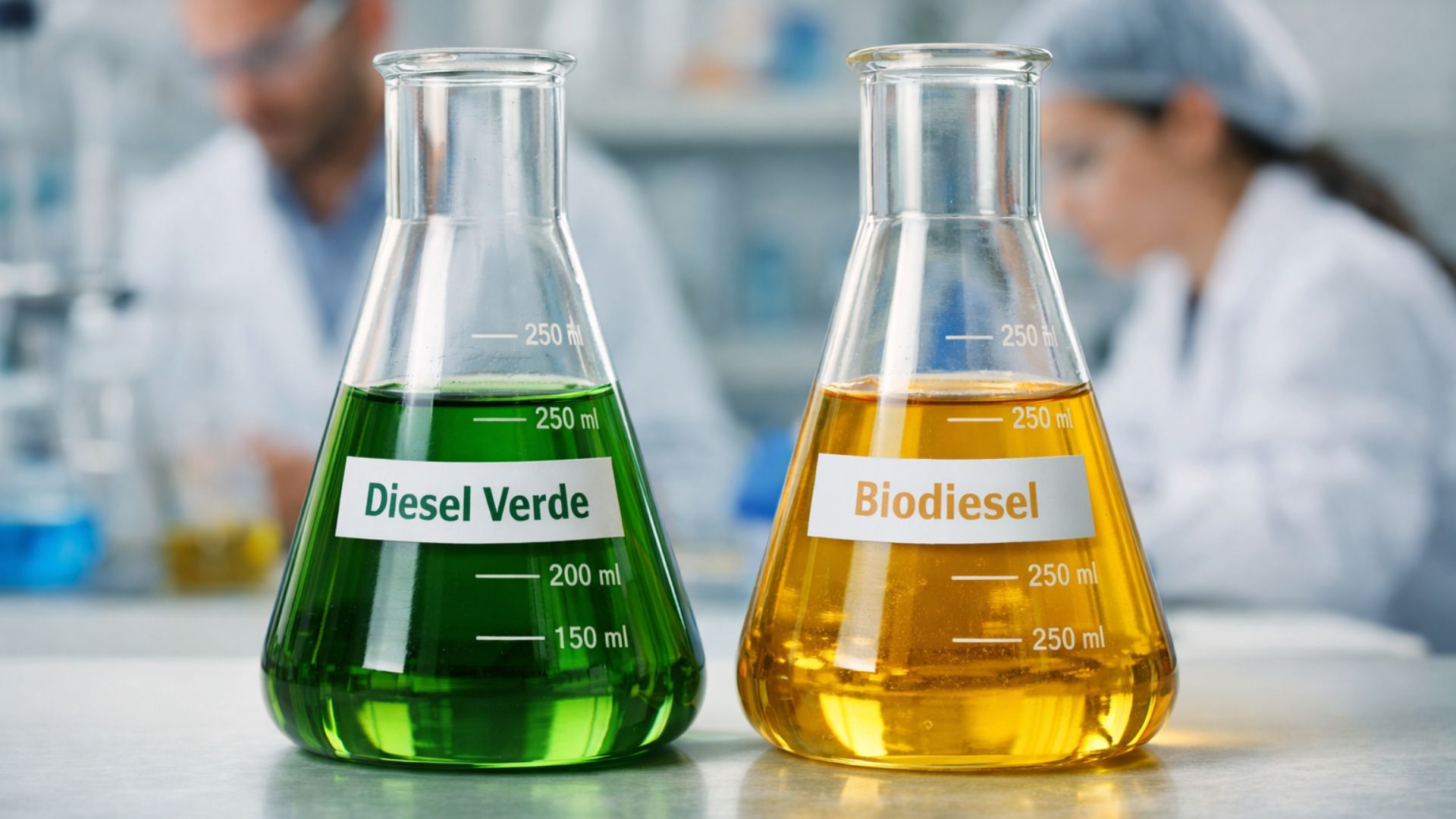 Frascos erlenmeyer com diesel verde e biodiesel em laboratório, com pesquisadores ao fundo desfocados, representando pesquisas científicas em bioeconomia e combustíveis sustentáveis no Brasil.