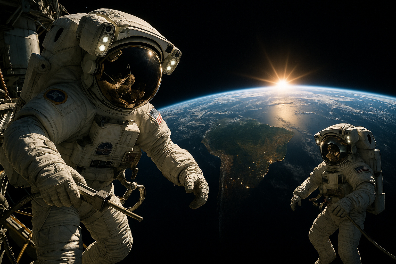 Bolsa de ferramentas flutuando próxima à Estação Espacial Internacional em órbita da Terra.