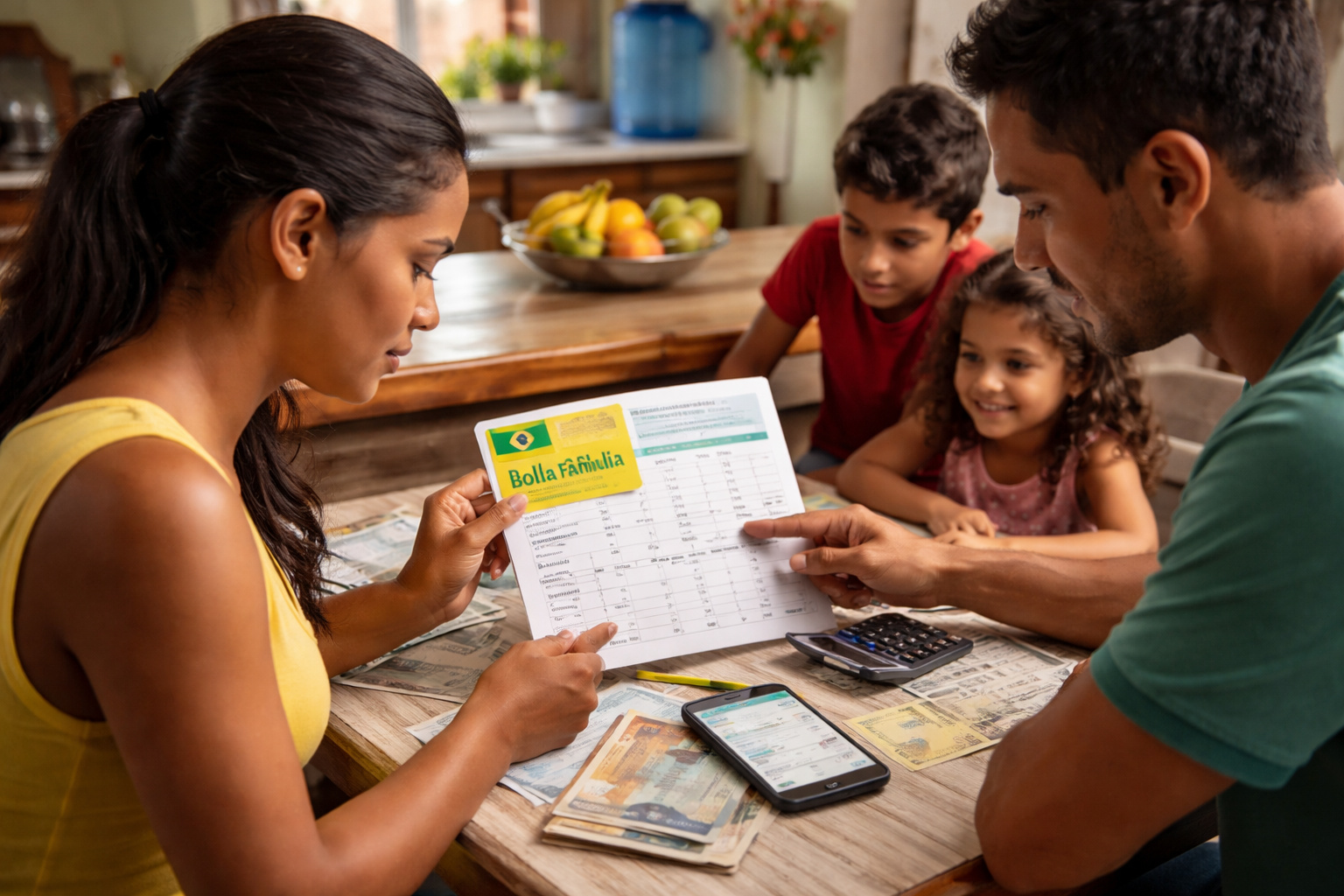 Família brasileira reunida em casa conferindo informações do Bolsa Família 2026 e organizando o orçamento doméstico
