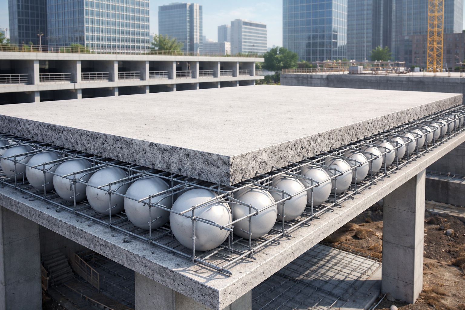 Nova laje estrutural com 'esferas de plástico' reduz até 40% do uso de concreto, diminui o peso da estrutura e já está sendo aplicada em prédios e estacionamentos ao redor do mundo