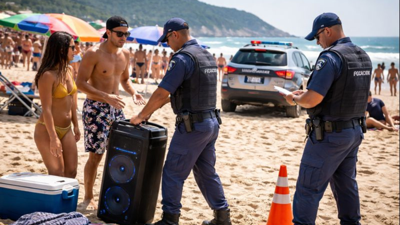 Caixa de som na praia virou alvo de fiscalização no litoral; multa por som alto varia conforme leis municipais praias.