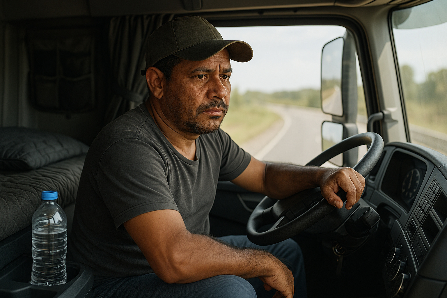 caminhoneiro parado à noite ao lado do caminhão na estrada