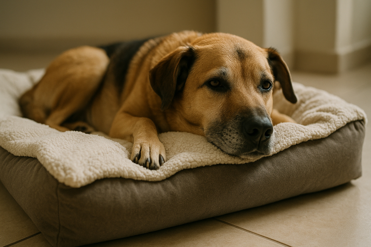 Cão deitado em cama acolchoada que protege articulações e melhora a qualidade do sono.