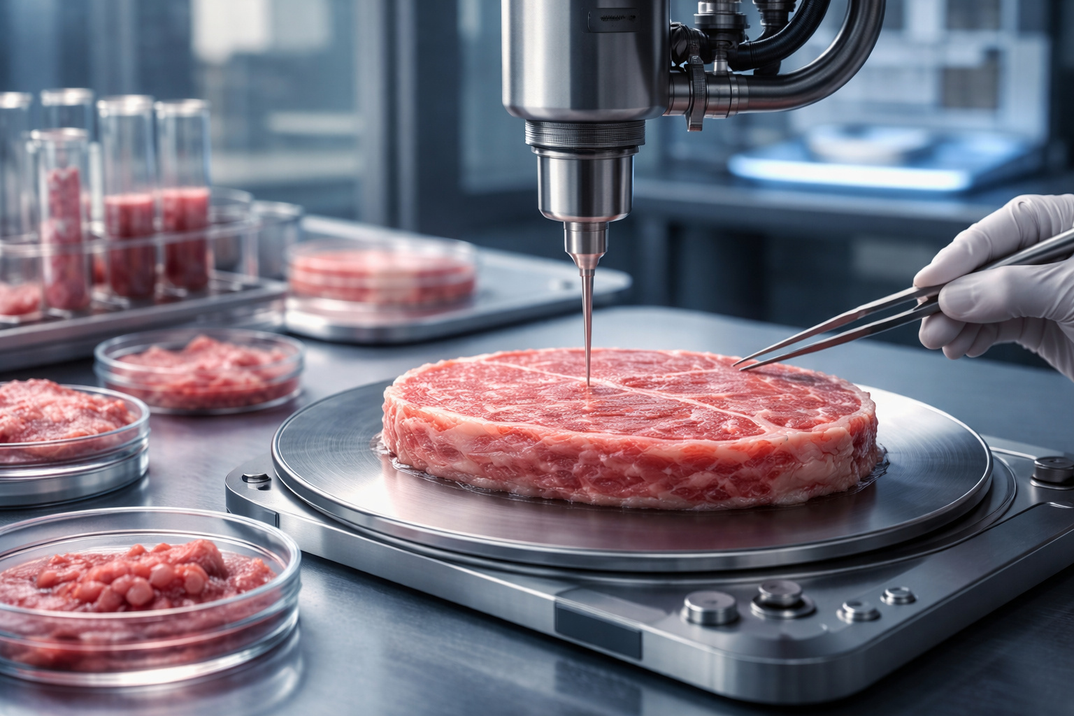 Carne cultivada em laboratório sendo produzida em impressora 3D, com células animais organizadas em ambiente controlado, sem necessidade de abate.