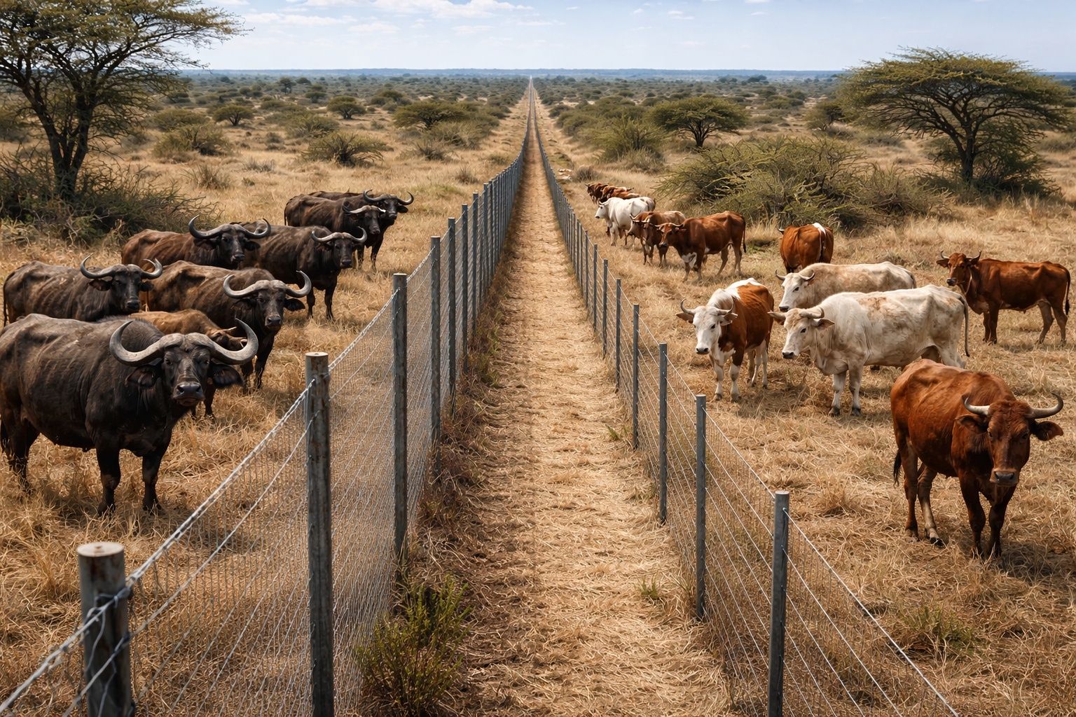 Botsuana ergue mais de 5.000 km de cercas veterinárias para separar búfalos selvagens do gado, conter a febre aftosa e proteger uma indústria de carne que sustenta a economia do país